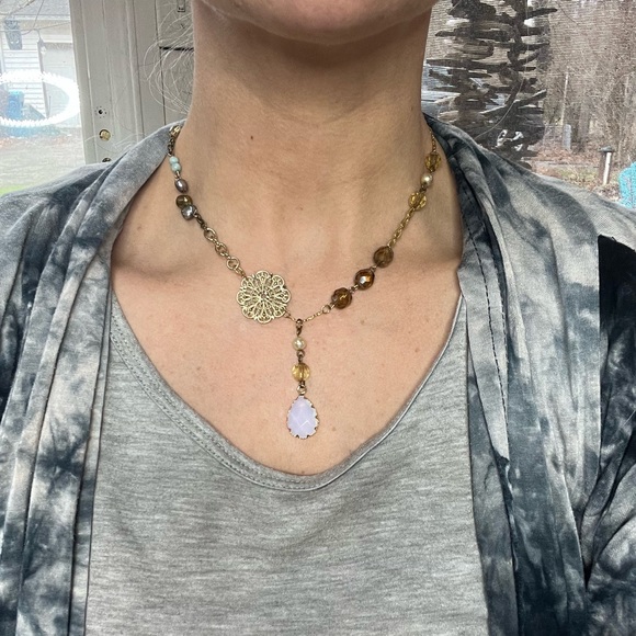 Handmade vintage and new pieces mixed up-cycled necklace with real stone pendant - Picture 6 of 13